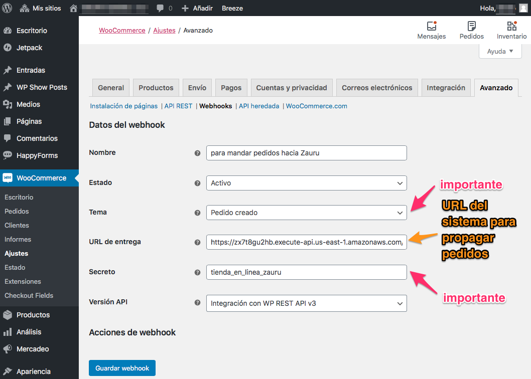 crear webhook