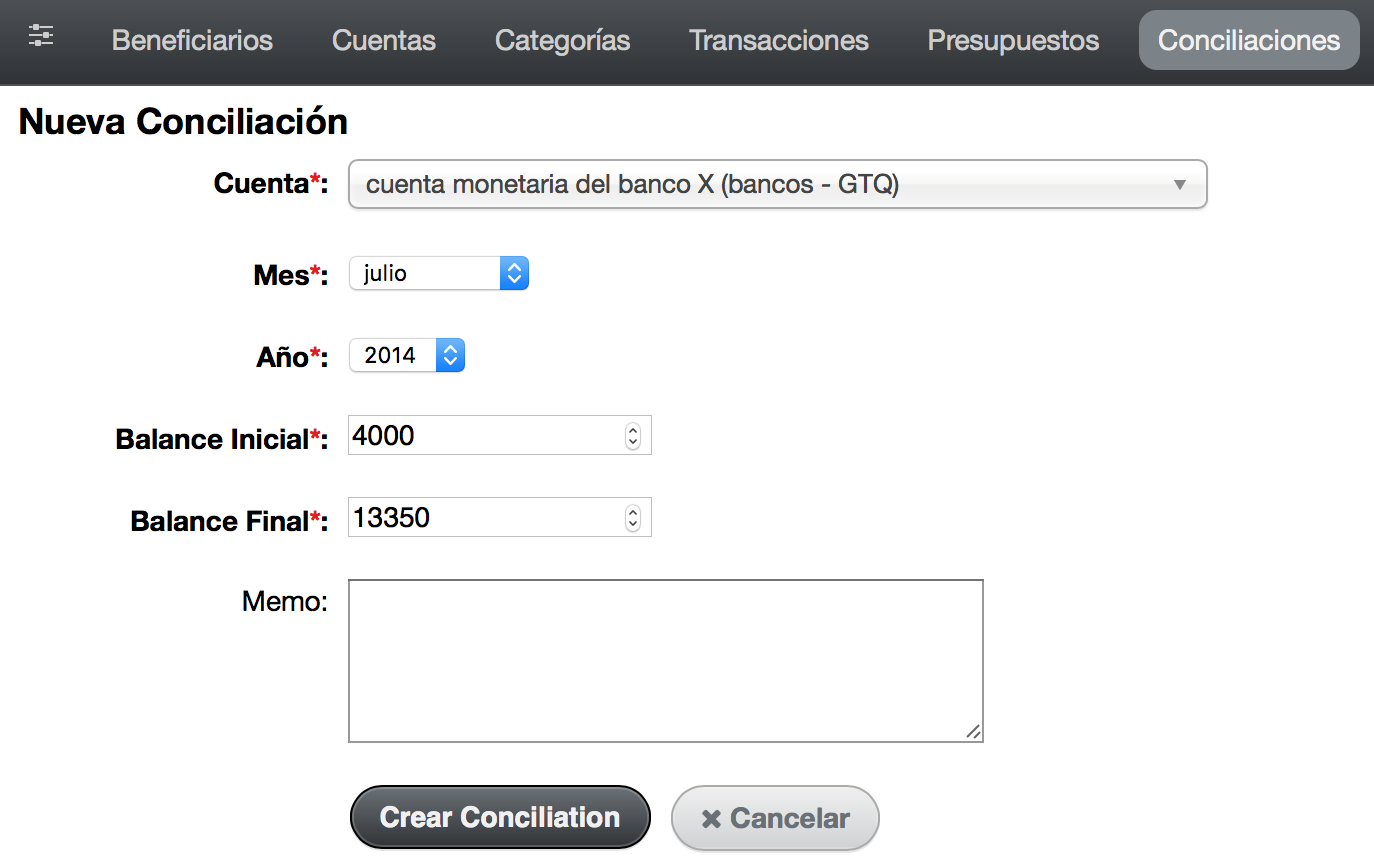 Datos de nueva conciliación