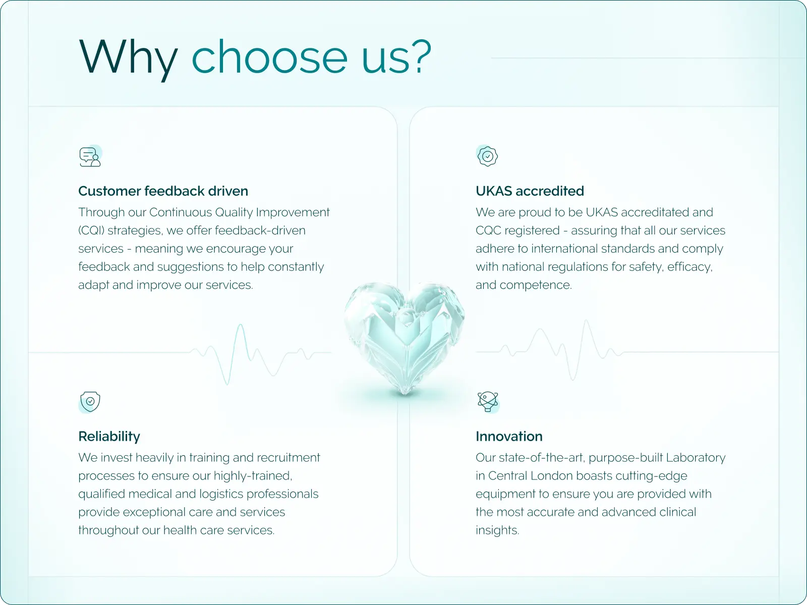 Design of the "Why choose us" website. In the middle there is a glass heart with ECG lines showing the heartbeat. There are 4 descriptions of the company's distinguishing features: Customer feedback driven, UKAS accredited, Reliability, Innovation.