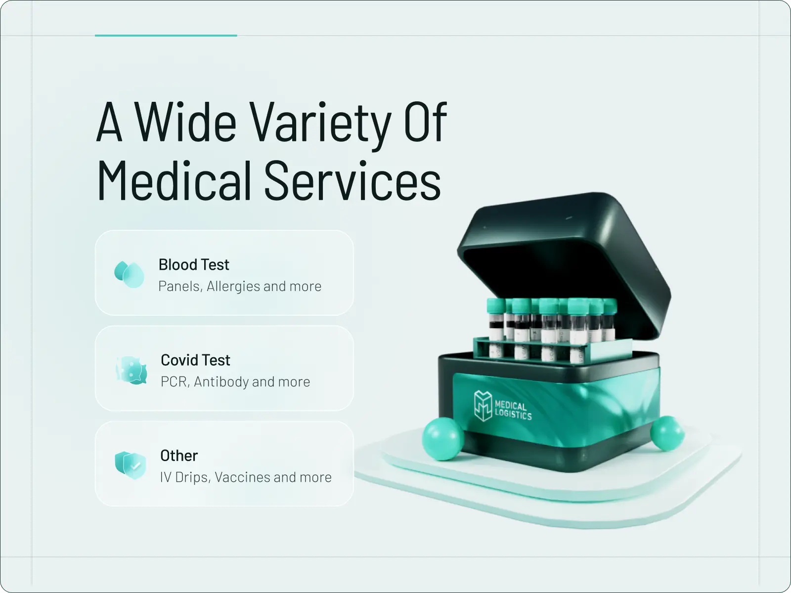 The large headline "A wide variety of medical services". On the right, is a 3D model of a black box with a mint stripe. There are test tubes inside the box.