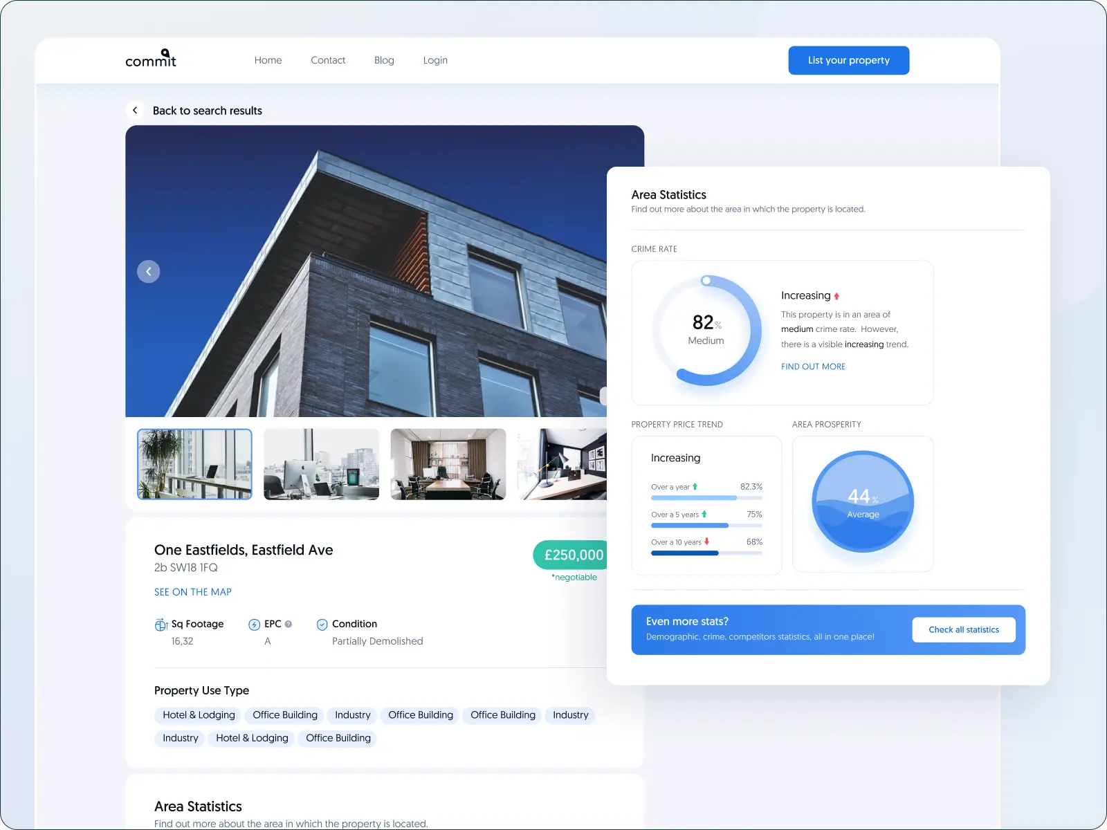 Webpage displaying a property listing with a modern light design on a white background. The listing features a large image of a modern building, smaller interior photos, and icons indicating the square footage, energy performance, and condition. Below, 'Area Statistics' provides data on crime rate, property price trend, and area prosperity presented in a visually appealing form with charts. 