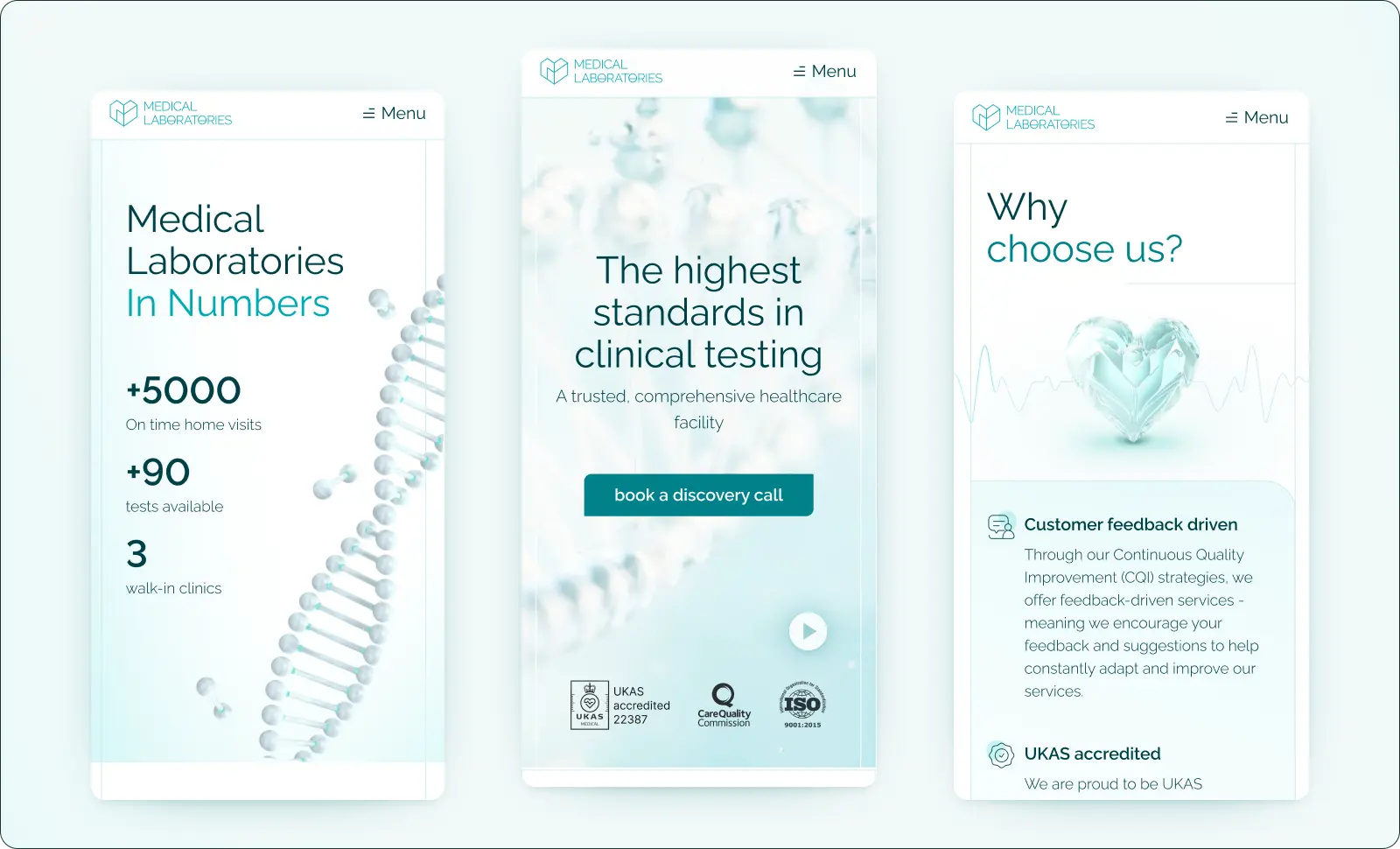 The Medical Laboratory website presented on three mobile screens. A bright, transparent design, with glass elements and icons, and a DNA motif placed in backgrounds and images. Everything is adapted to mobile responsiveness. 
