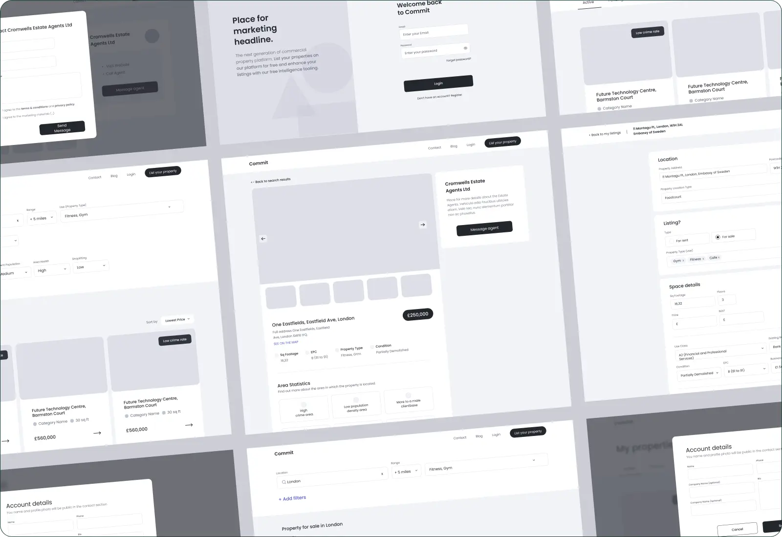 Collage of wireframe screens for a property listing website. The layout includes a marketing headline, login and registration forms, property search with filters, listings for sale, agent contact information, property details, and account management sections. The design is monochrome, focusing on structure and layout without colour, indicating the wireframes are for planning the user interface of the website.