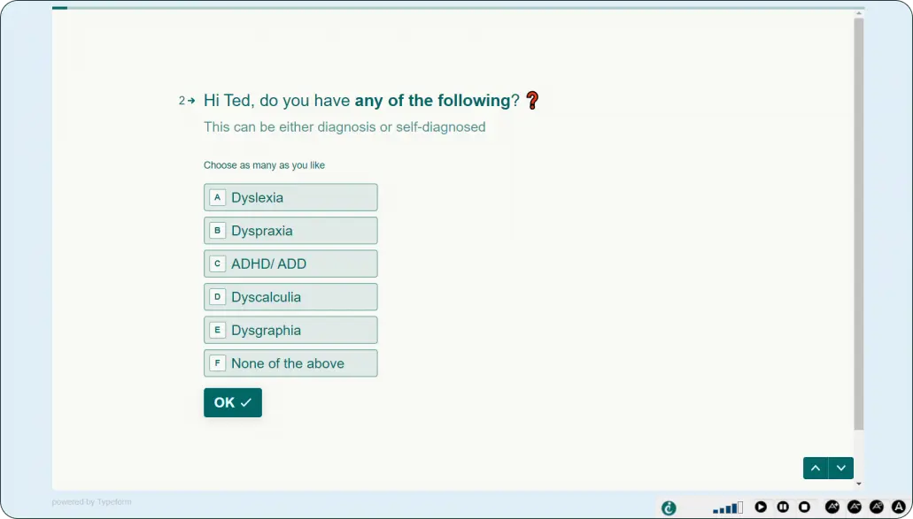 Prototype of a self-diagnosed tool made in Typeform, showing example question with predefined answers on patient conditions
