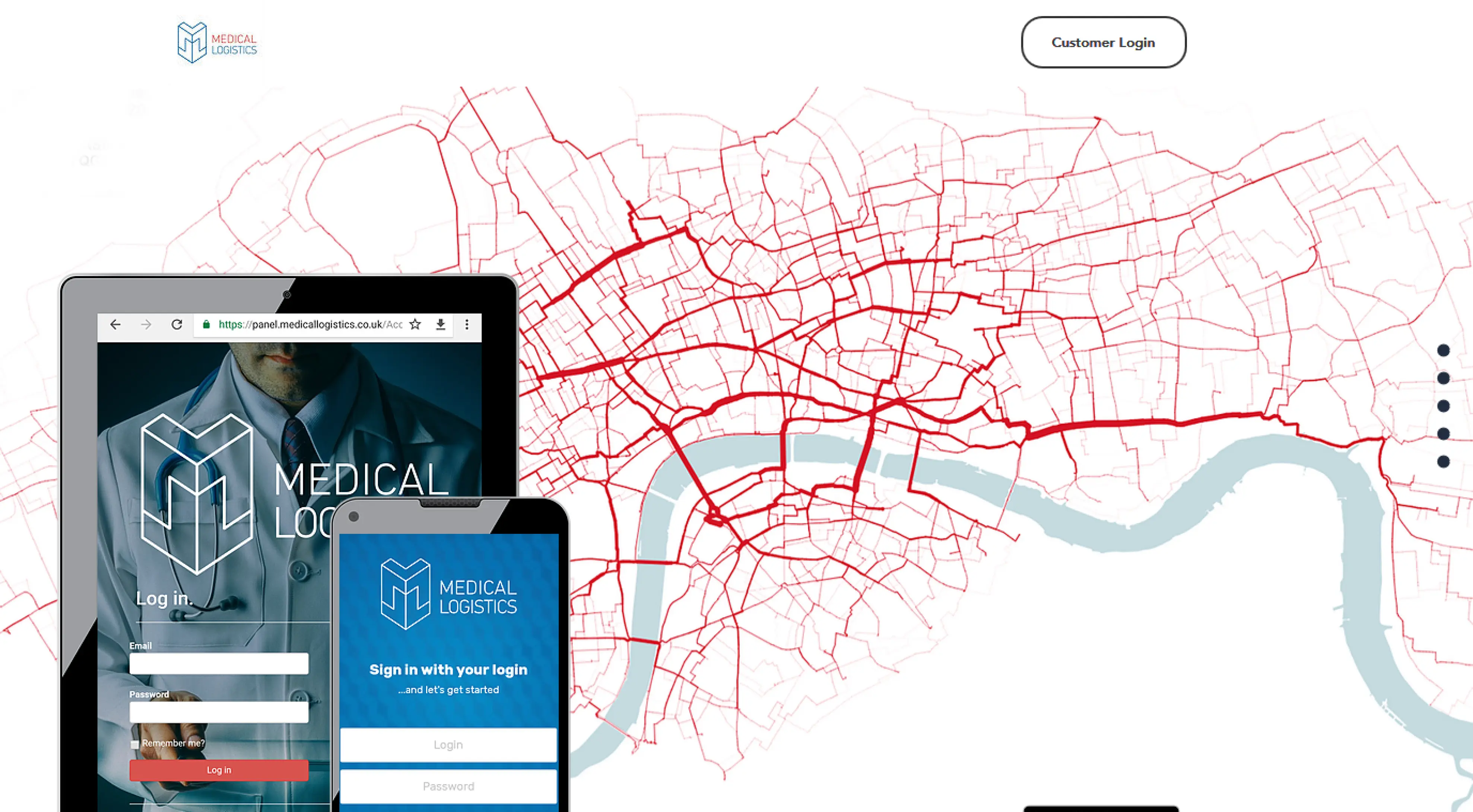 The old Medical Logistics website. In the centre flat London map with red lines on a white background and a blue river. 