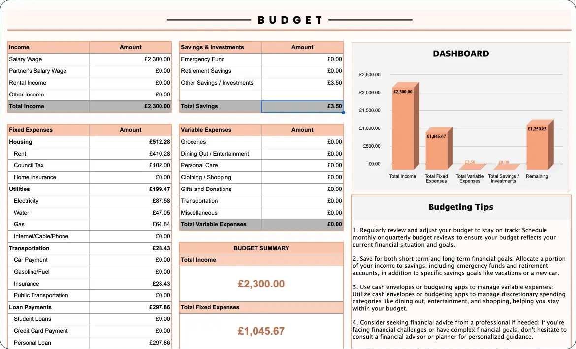 Excel template for budget management, with tables, budget summary, and charts. Light, clear with orange accents.