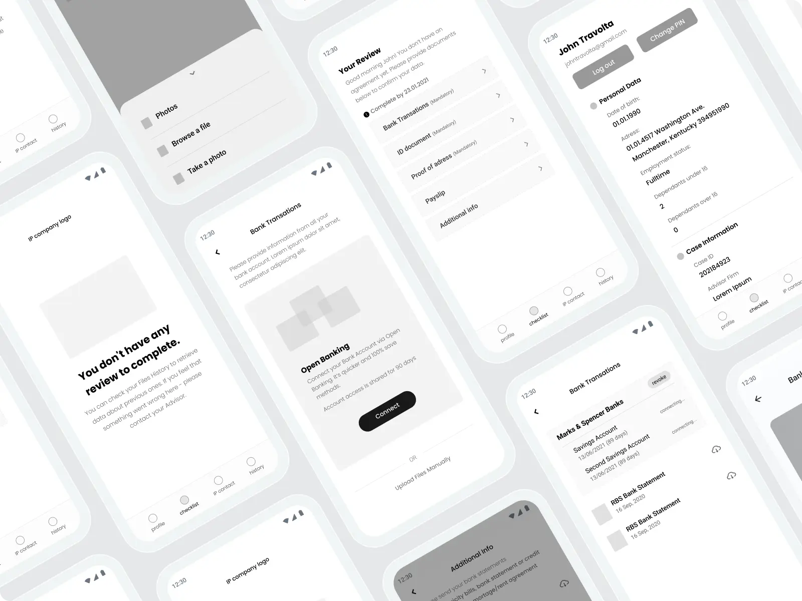 Black-and-white wireframes showing the functionality of open banking and annual review check