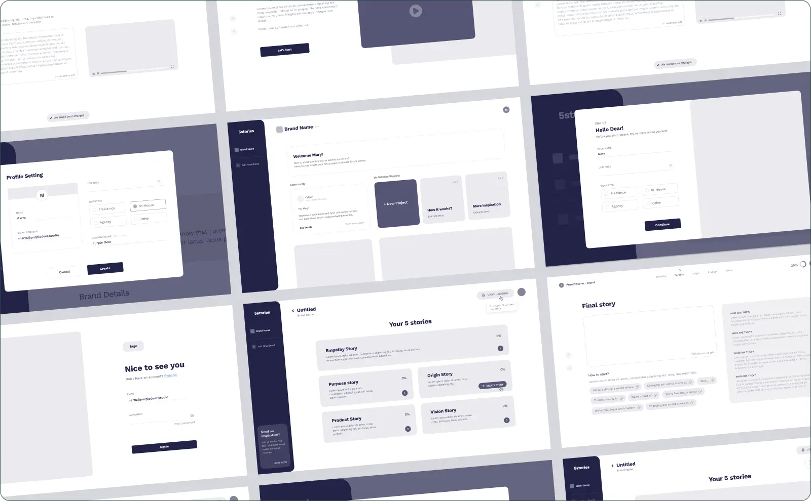 High-fidelity black-and-white wireframes of a platform for marketing specialists