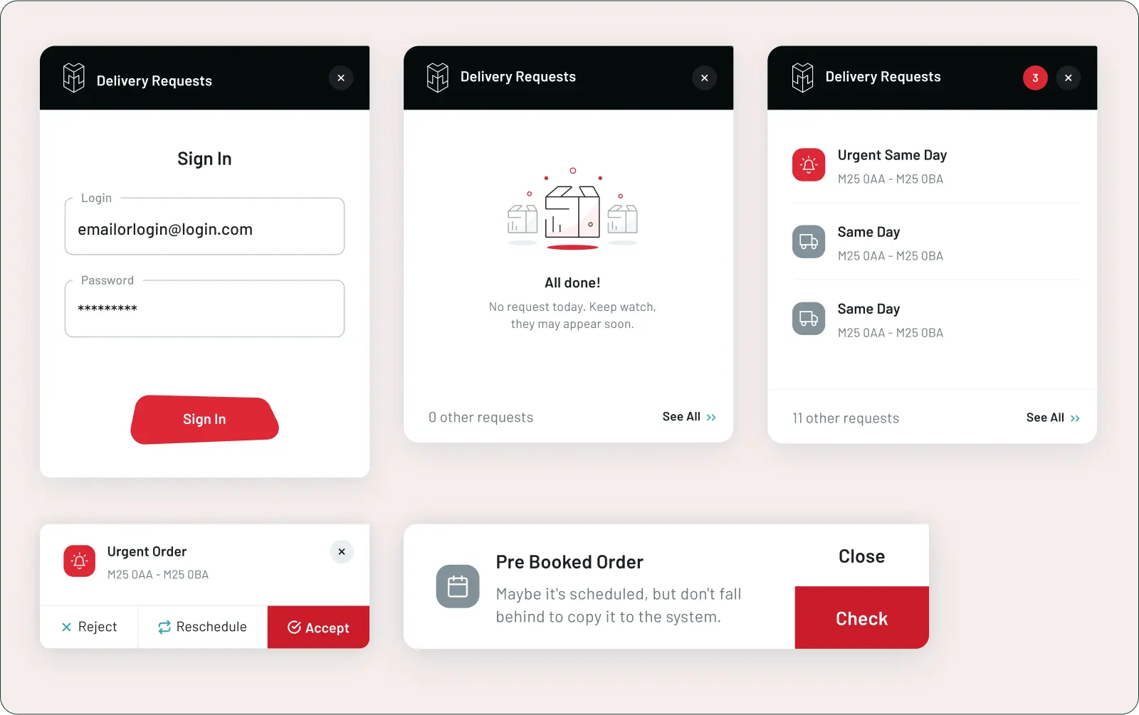 A set of screens from a browser plugin showing the login panel, order list, and notifications. Bright design with icons, illustrations and a dark top bar.