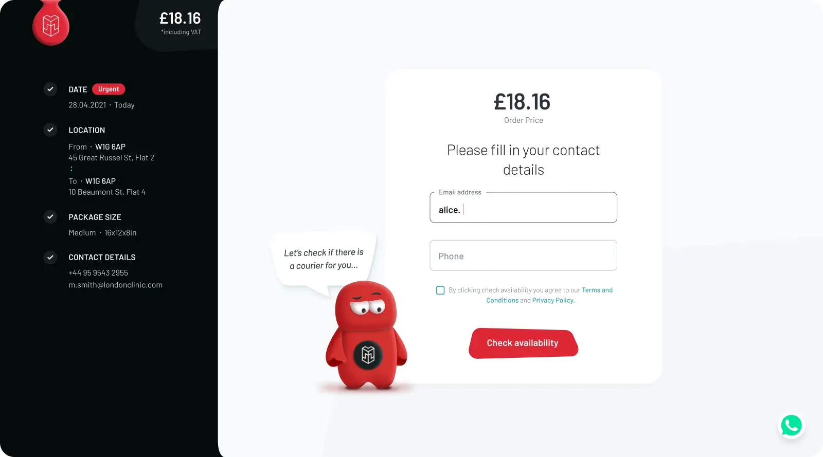 Design of an ordering system with a contact form and courier availability check. On the left, a red brand hero with a speech bubble saying: "Let's check if there is a courier for you"