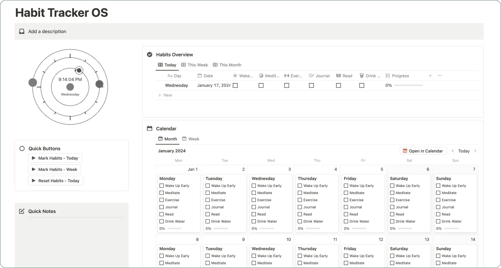 Black and white minimalistic habit tracker template made in Notion with calendar and habitat overview