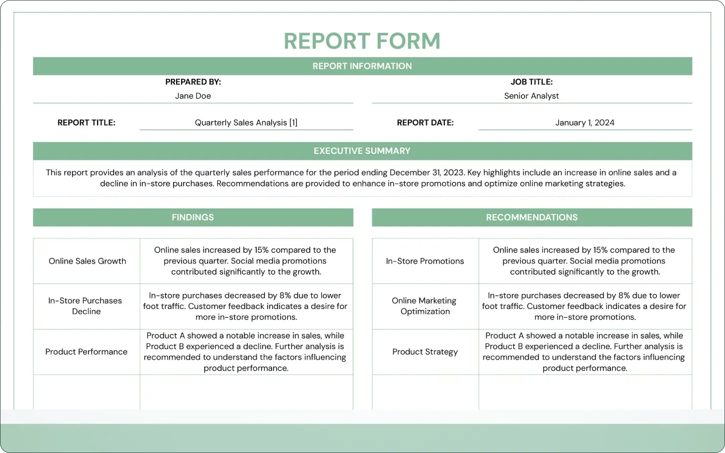 A form template from Excel, perfect for prototyping reports and forms. Minimalistic with green labels and a white background