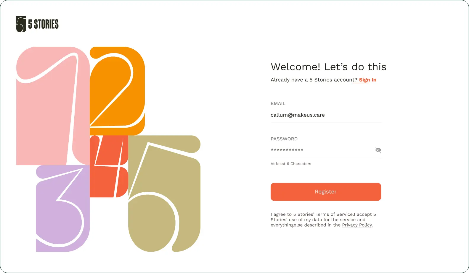 Login page to 5 stories platform. Illustration of huge colorful numbers and a login form with an orange button