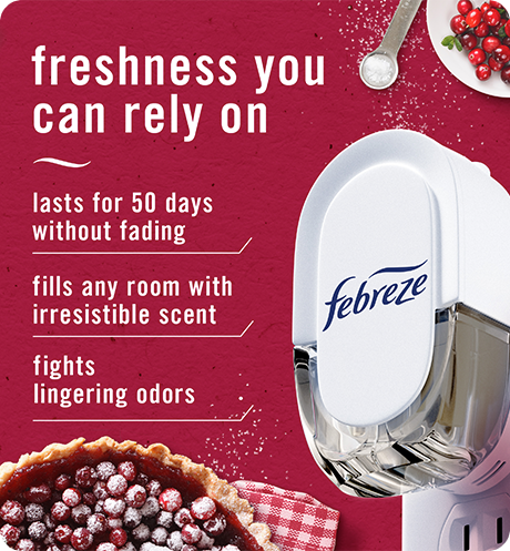 Plug Cranberry Crumble freshness you can rely on: lasts for 50 days without fading, fills any room with irresistible scent, fights lingering oders.