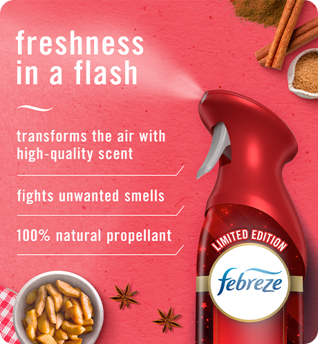 Air Baked Cinnamon Apple freshness in a flash transforms the air with high-quality scent, fights unwanted smells, 100% natural propellant.