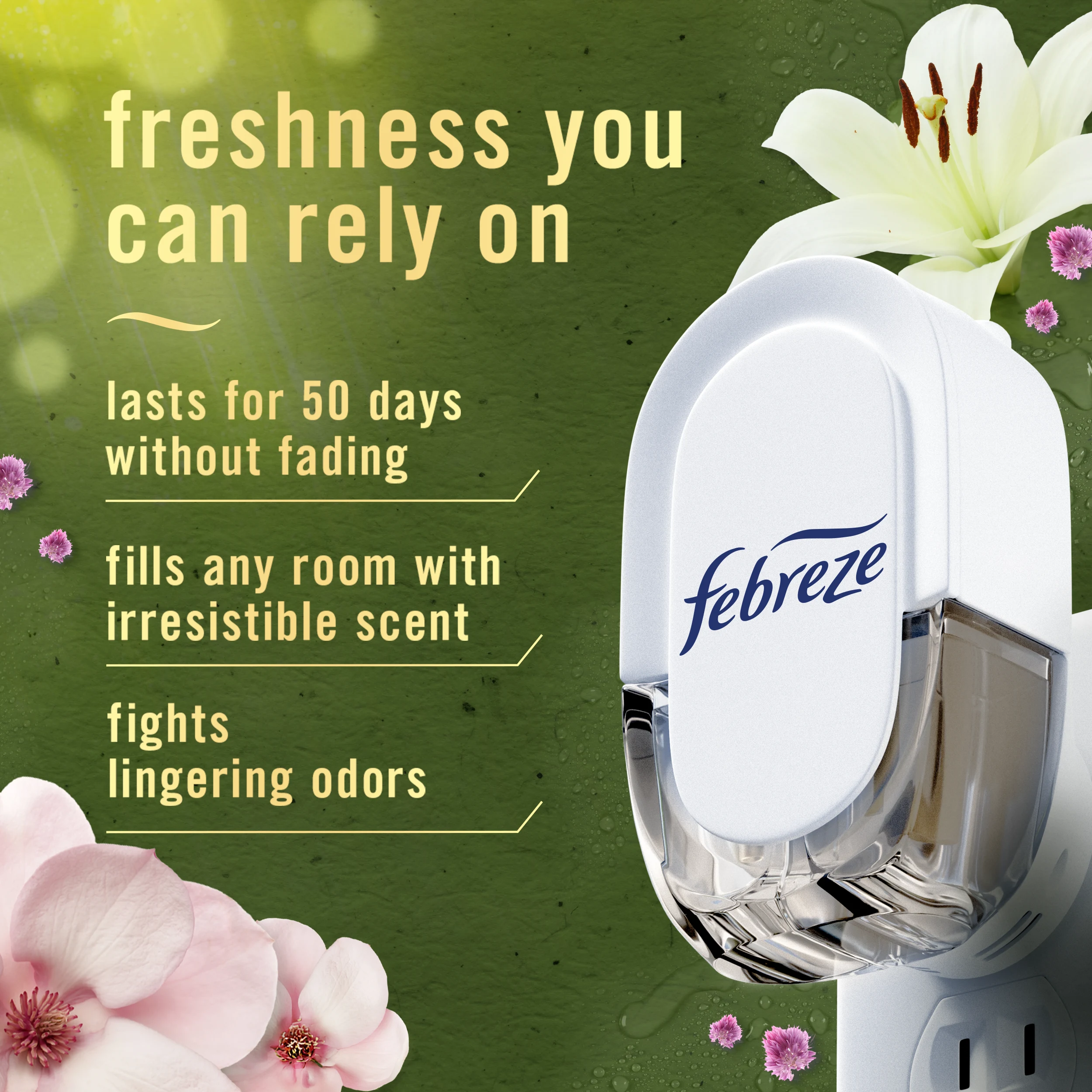 Plug Morning Spring Showers freshness you can rely on. Lasts for 50 days without fading. Fills any room with irresistible scent. Fights lingering odors.