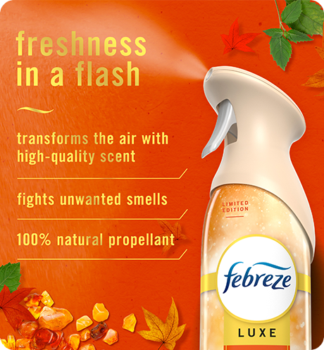 AIR Crisp Fall Breeze freshness in a flash. Transforms the air with high-quality scent, fights unwanted smells, 100% natural propellant.