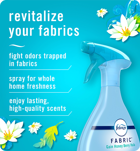 FABRIC Gain Honey Berry Hula, revitalize your fabrics: fight odors trapped in fabrics, spray for whole home freshness, enjoy lasting, high-quality scents.