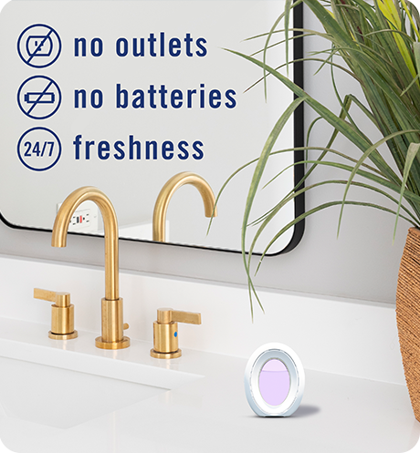 Bathroom lilac sunrise. No outlets, no batteries, 24/7 freshness.