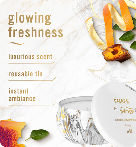 Ember candle glowing freshness, luxurious scent, reusable tin, instant ambiance
