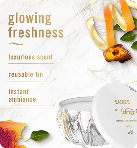Ember candle glowing freshness, luxurious scent, reusable tin, instant ambiance