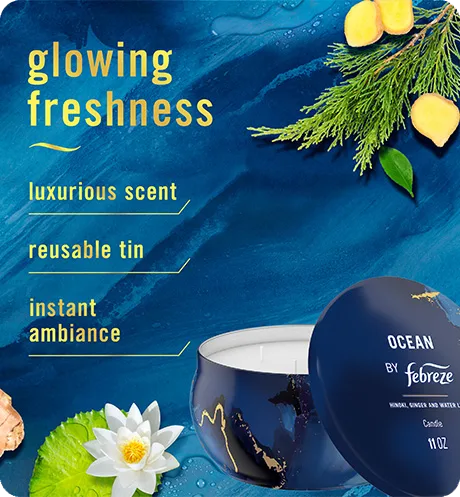 Ocean candle glowing freshness, luxurious scent, reusalbe tin, instant ambiance