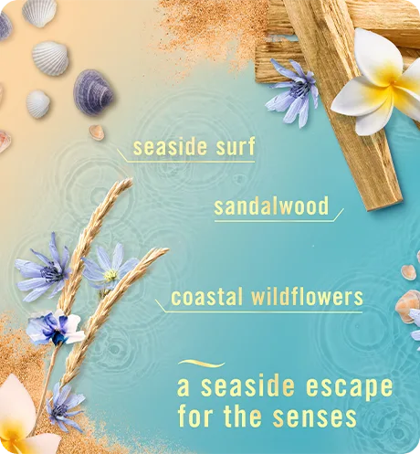 A seaside escape for your senses. Seaside surf, sandlewood, coastal wildflowers.