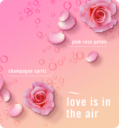 Romance & Desire. Pink rose petals, champagne spritz, love is in the air.