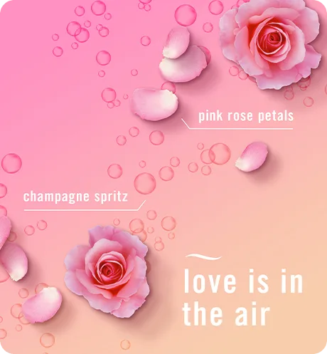 Romance & Desire. Pink rose petals, champagne spritz, love is in the air.
