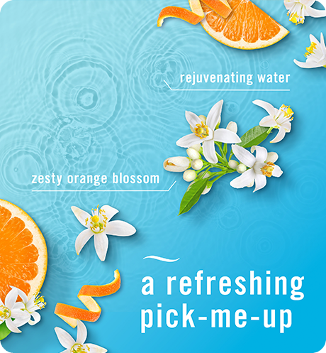 Refresh & Energize rejuvenating water, zesty orange blossom. A refreshing pick-me-up.