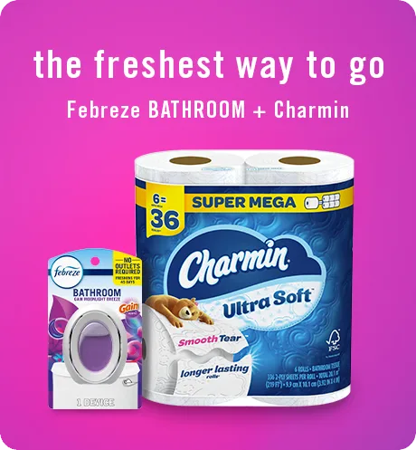 Bathroom Gain Moonlight Breeze The freshest way to go, Febreze Bathroom + Charmin