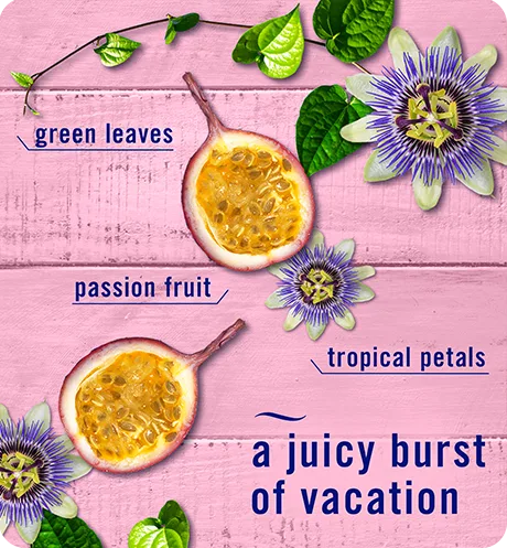 A juicy burst of vacation. Green leaves, passion fruit, tropical petals.