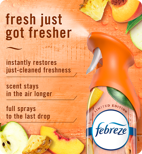 Air Juicy Summer Peaches. Fresh just got fresher. Instantly restores just-cleaned freshness. Super fine mist stays in the air longer. Full spray down to the last drop.