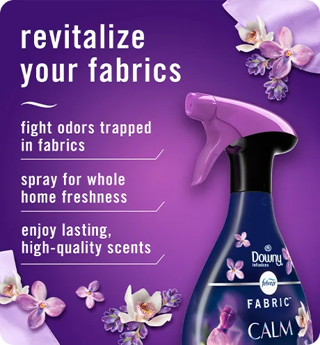 Fabric Downy Calm, revitalize your fabrics: fight odors trapped in fabrics, spray for whole home freshness, enjoy lasting, high-quality scents.