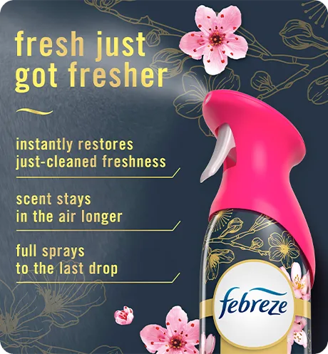 Air Japanese Cherry Blossom. Fresh just got fresher. Instantly restores just-cleaned freshness. Super fine mist stays in the air longer. Full spray down to the last drop.