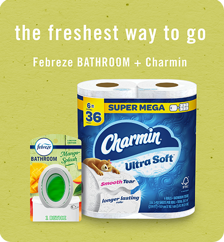 Bathroom Mango Splash. The freshest way to go, Febreze Bathroom + Charmin
