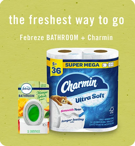 Bathroom Mango Splash. The freshest way to go, Febreze Bathroom + Charmin