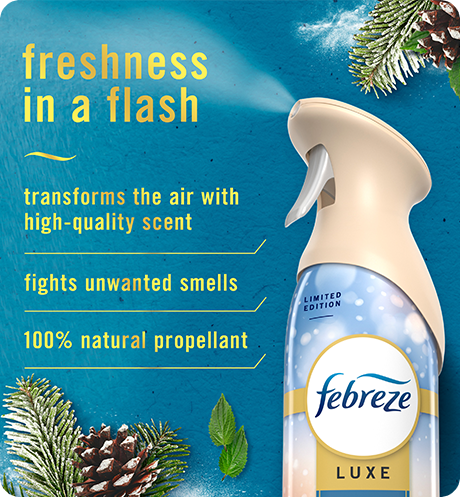 AIR Serene Snowfall freshness in a flash. Transforms the air with high-quality scent, fights unwanted smells, 100% natural propellant.