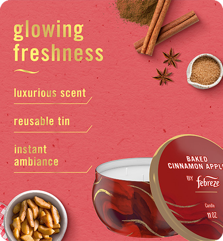 Baked Cinnamon Apple candle, glowing freshness, luxurious scent, reusable tin, instant ambiance