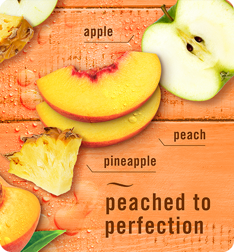 Plug summer juicy peaches peached to perfection. Apple, peach, peneapple.