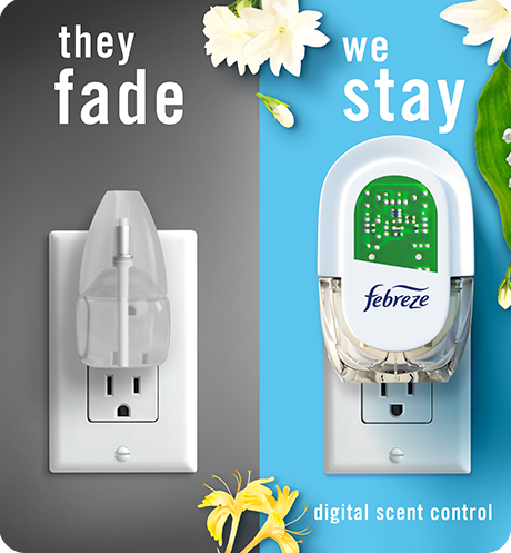 Side by side product comparison. They Fade. We Stay using digital scent control.