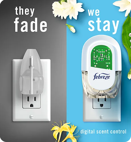 Side by side product comparison. They Fade. We Stay using digital scent control.