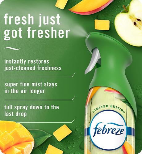 Air Mango Splash fresh just got fresher. Instantly restores just-cleaned freshness. Super fine mist stays in the air longer. Full spray down to the last drop.