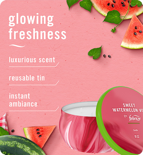 Sweet watermelon vine candle glowing freshness, luxurious scent, reusable tin, instant ambiance