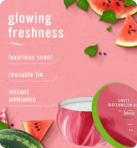 Sweet watermelon vine candle glowing freshness, luxurious scent, reusable tin, instant ambiance