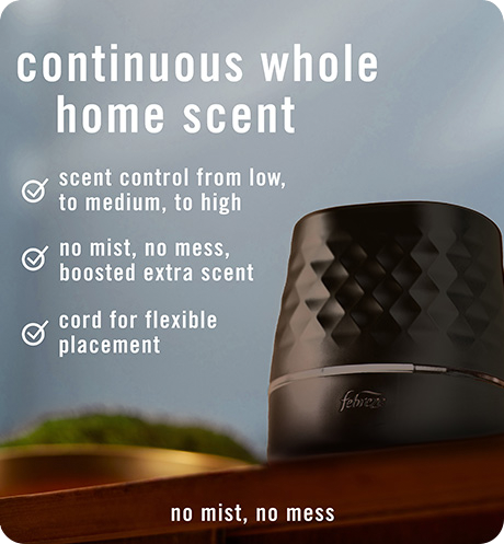 Continuous whole home scent. Scent control from low, to medium, to high. No mist, no mess, boosted extra scent. Cord for flexible placement.