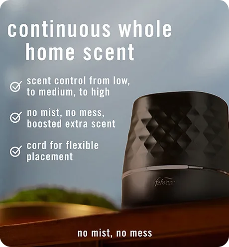Continuous whole home scent. Scent control from low, to medium, to high. No mist, no mess, boosted extra scent. Cord for flexible placement.