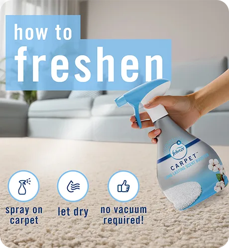 How to freshen. Spray on carpet, let dry, no vacuum required. Carpet-crisp-cotton How to use