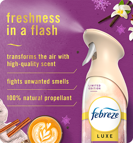 AIR Cuddle Weather freshness in a flash. Transforms the air with high-quality scent, fights unwanted smells, 100% natural propellant.