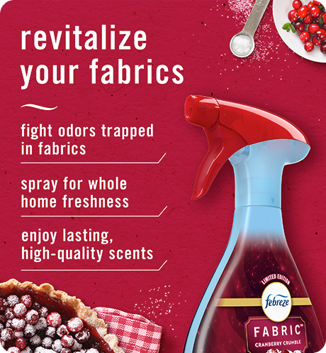 FABRIC Cranberry Crumble, revitalize your fabrics: fight odors trapped in fabrics, spray for whole home freshness, enjoy lasting, high-quality scents.